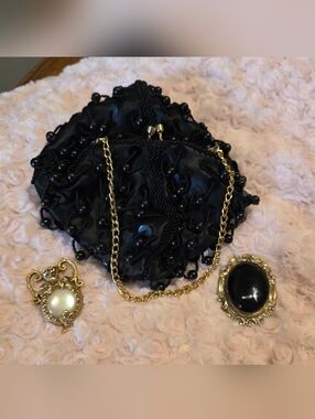 Vintage Accessories Bundle Black Beaded Clutch with Brooches